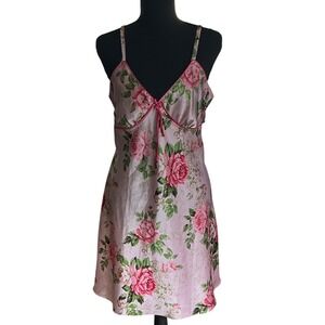 Adonna Vintage Pink Floral Satin Coquette Slip Dress Adjustable Straps Large